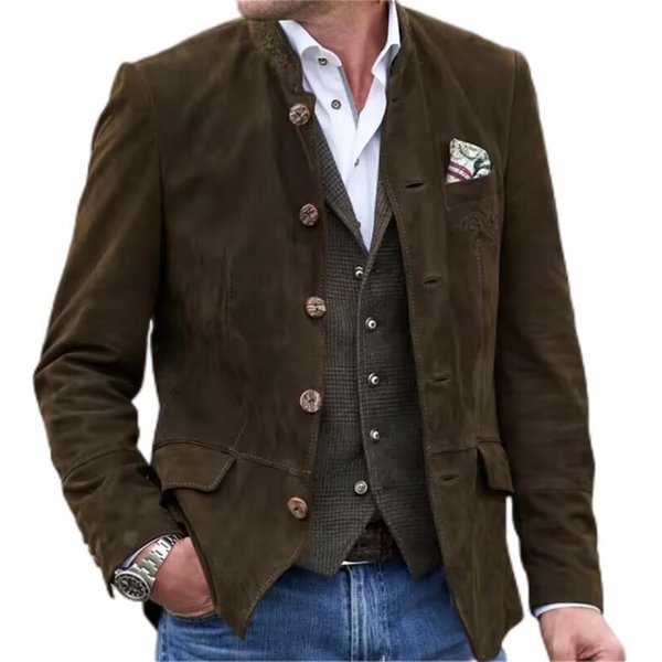 Men's Suede-Like Jacket With Button-Up Stand Collar, Slim Fit Casual Coat For Spring/Autumn, Office & Outdoor Wear (Dark Brown)
