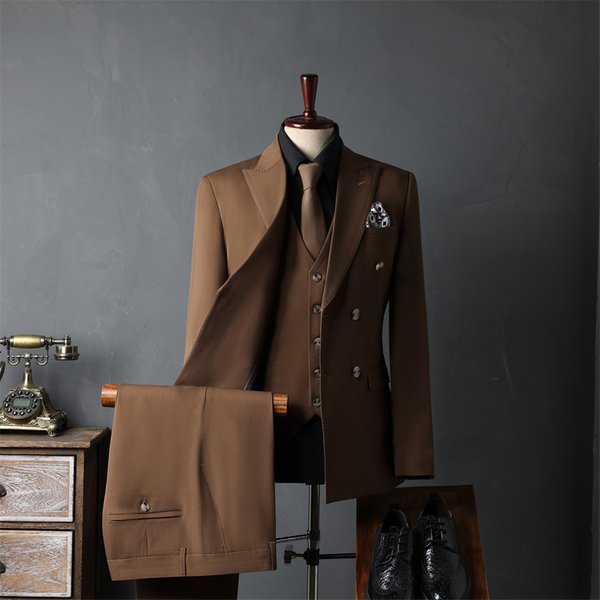 Men's Clothing Three Piece Groomsmen Double Breasted Suit Set 3-Piece Wedding Groom Tuxedo Formal Business Blazer & Pants Slim Fit Stretch Comfortable