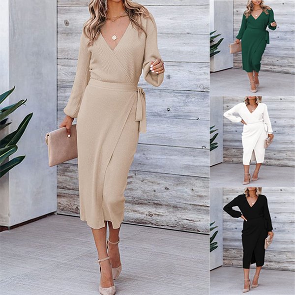 Women's Clothing Autumn And Winter New Women's Long Skirt Sexy V Neck Snake Cloth Knitted Ladies Dress-image