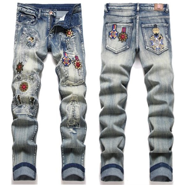 Men's Clothing Trendy Slim Fit Stretch Skinny Trousers High Street European American Style Ripped Embroidered Patchwork-image