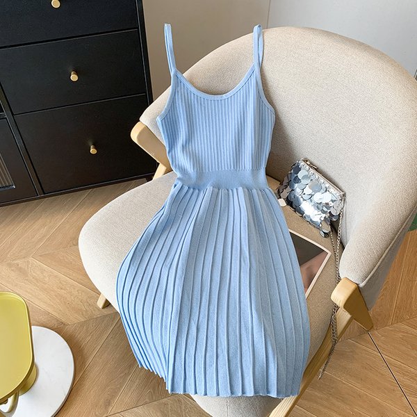 Women's Clothing Summer New Solid Color Sweet Hot Girl Pure Desire Style Suspender Skirt Knitted Skirt Pleated Dress-image