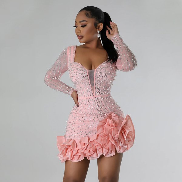 Women's Clothing Fashion Heavy Duty Hot Diamond Beading Ruffle Stitching Sexy Tight Hip Dress-image