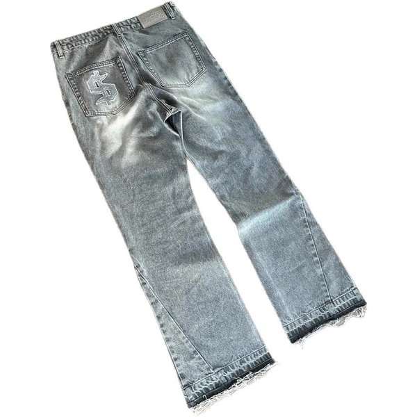 Fashionand Environmentally Friendly Fabrics American High Street Washed Retro Jeans Old Letter Embroidered Men's And Women's Wide-leg Rough-edge Pants