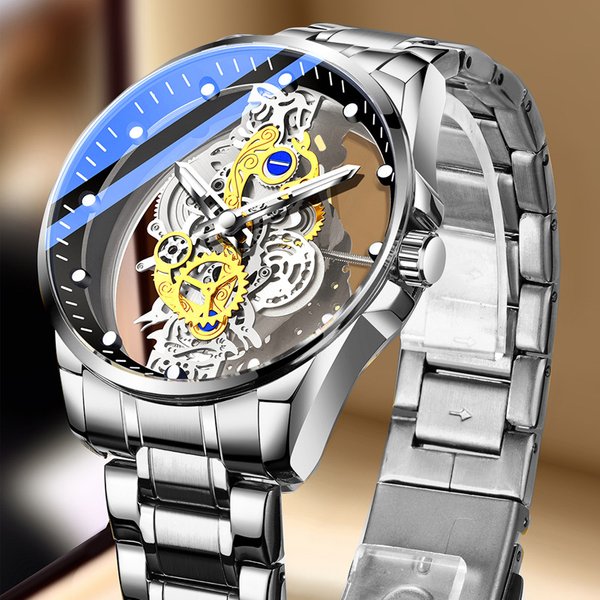 Classic New Men's Double-Sided Transparent Skeleton Full Self Waterproof Luminous Quartz Watch Dynamic Mechanical Watch-image