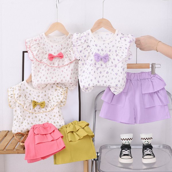 2025 New Girls' Summer Outfit: Baby Full-Print Floral Bow Large Collar Short-Sleeve Two-Piece Set Trendy