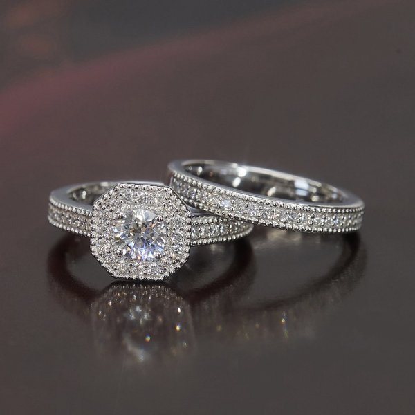 Sanjie Cross-Border Full Couple Princess Round Diamond Set European And American Fashion Luxury Engagement Ring For-image