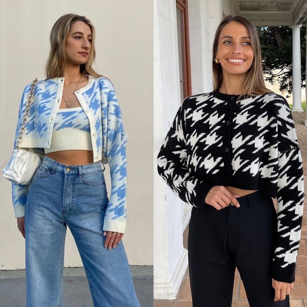 Women's Clothing Autumn And Winter Short Style Navel Baring Long Sleeved Houndstooth Sweater Cardigan Pullover-image