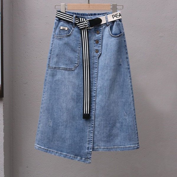 Women's Clothing Summer Irregular A Line Slim Skirt Spring And Summer High End Elastic Waist Versatile Denim Skirt Women's Mid Length Skirt-image