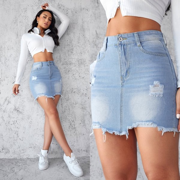Women's Clothing Summer New Slim Fit Ripped Denim Skirt Women's Light Colored Washed Raw Edge A Line Short Skirt-image