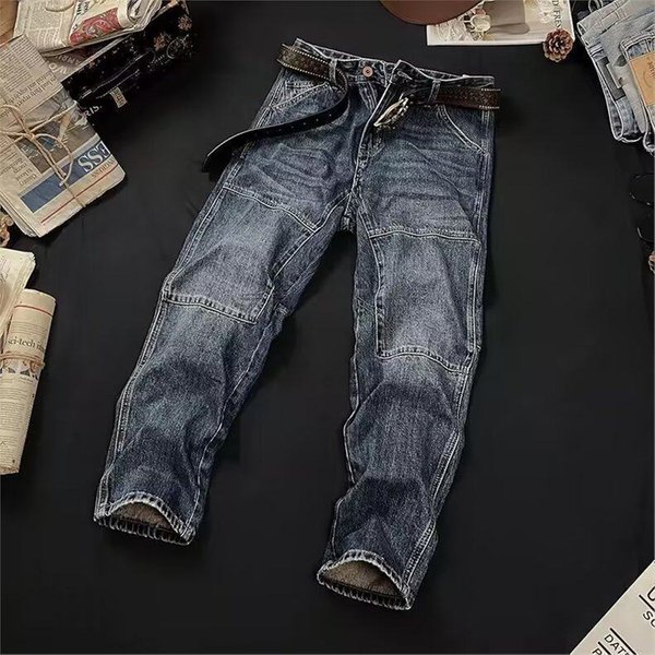 Men's Straight Leg Washed Patchwork Cargo Jeans Loose Fit High Street Tapered Pants Casual Cool Spring