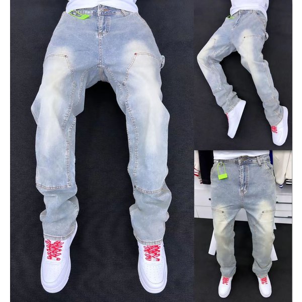 Men's Clothing High Street Jeans, Washed And Distressed Light Blue, Logging Workwear Style, Men's Street Vintage Casual Pants-image