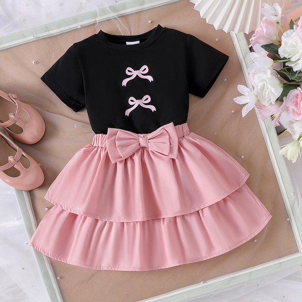 Kid's Clothing Summer Girl Suit Bow Print Short Sleeve Pink Puffy Skirt New Two Piece Suit-image