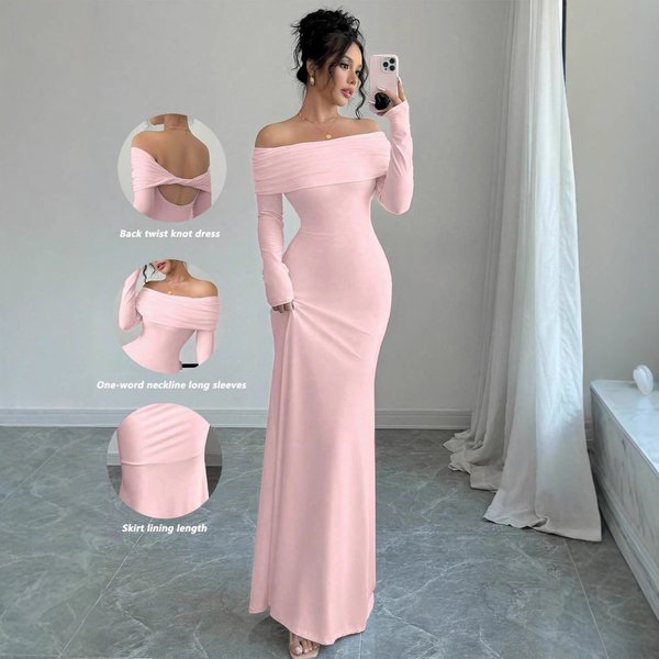 Women's Clothing One Shoulder Pleated Tight Fitting Fashionable And Elegant Hip Wrapped Long Evening Dress