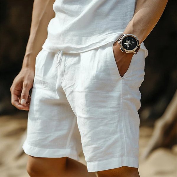 Cotton Linen Shorts For Men Drawstring Elastic Waist Straight Leg Solid Color Breathable Casual Beach Wear Five-Pocket Mid Waist-image