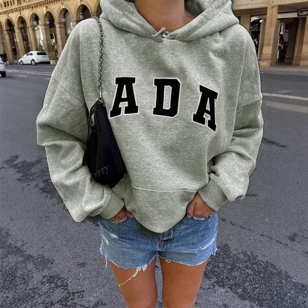 Women's Casual Loose Hooded Velvet Sweatshirt Warm Letter Print ADA Style European American Fashion Trendy Streetwear