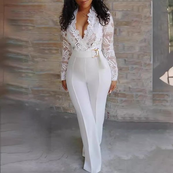 Women's Clothing Sexy Deep v White Perspective Lace Stitching Jumpsuit Trouser With Belt