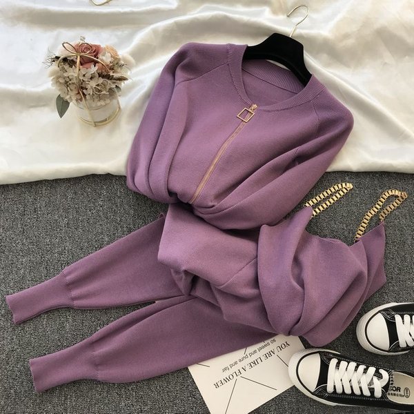 Women's Clothing Knitted Suit New Vest Jacket Foot Elastic Pants Fashionable Three Piece Suit-image