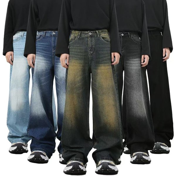 Men's Vintage Washed Denim Jeans Relaxed Fit Straight Leg Trousers Classic American Style