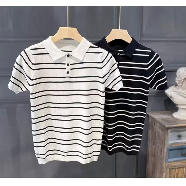 Men's Clothing Striped Polo Shirt Men's Summer All Match Casual Black And White Striped T Shirt Half Sleeved Thin Knitted Sweater Lapel T Shirt Men-image