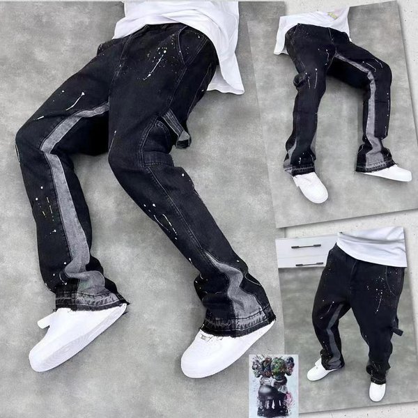 High Street Trendy Brand Speckled Ink Micro Horn Jeans Men's American Vibe Style Loose Straight Leg Casual Floor