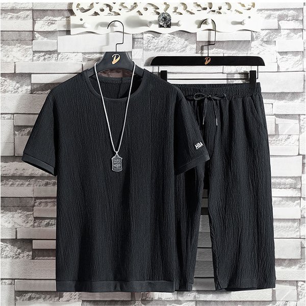 Men's Ice Silk Suit Casual Sports Suit Loose Large Size Short-Sleeved Cropped Pants Fashionable Two-Piece Suit-image