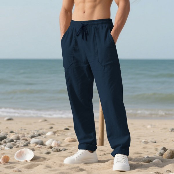 American Style Autumn New Loose Linen Men's Beach Casual Simple Sports Plus Size Long Pants-image