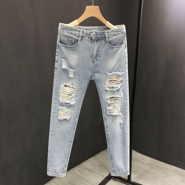 Men's Distressed Slim Fit Jeans - Light Blue Stretch Denim Pants With Rolled Cuff & Ripped Details-image