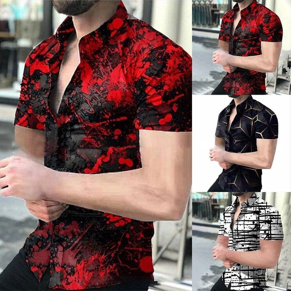 2024 Summer Men's Lapel Short Sleeved 3D Printed Casual Slim Fitting Men's Top Shirt
