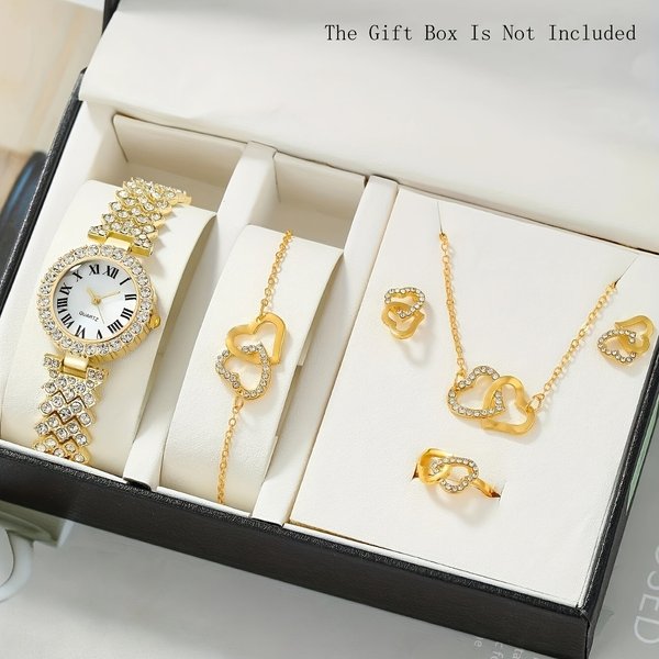 Elegant 5-Piece Ladies Quartz Watch Set With Diamond Accents - Stylish & Versatile Jewelry Gift Box-image