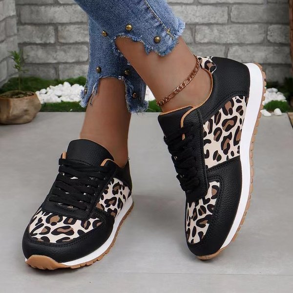 New platform leopard print lace-up casual sneakers for women plus size low top single shoes