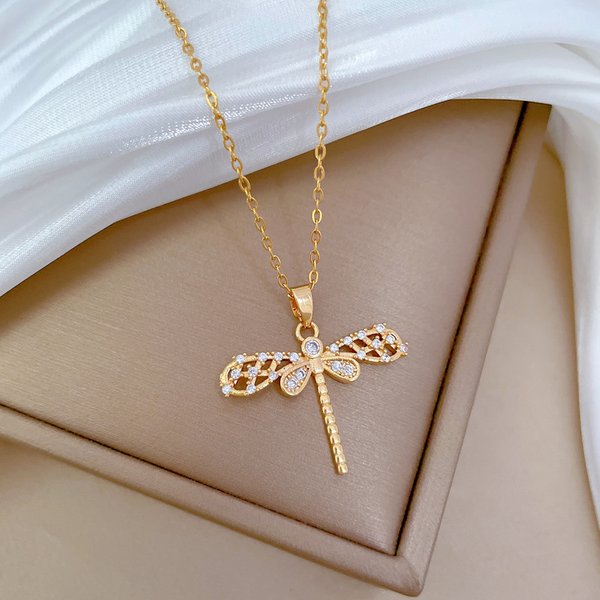Titanium Steel Copper Gold Plated Cute Sweet Classic Style Inlay Dragonfly Zircon Pendant Necklace-image