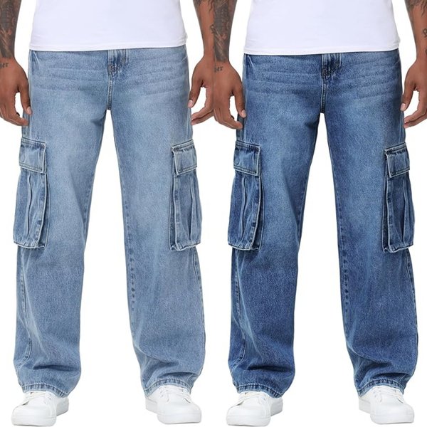 "Men's Stretch Denim Jeans – Relaxed Fit, Multi-Pocket Design (S-XXL, Cotton Blend, Stonewash & Dark Blue)"-image