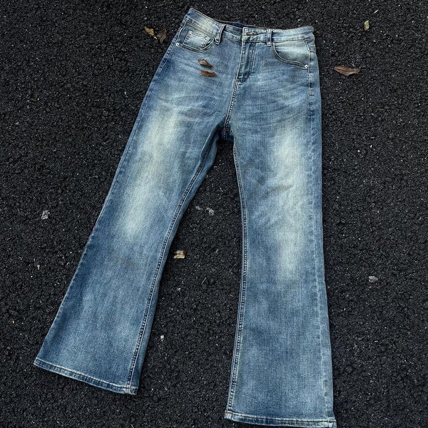 Men's Clothing Retro Washed Blue Denim Cleanfit Distressed High Street Vibe Flared Jeans-image