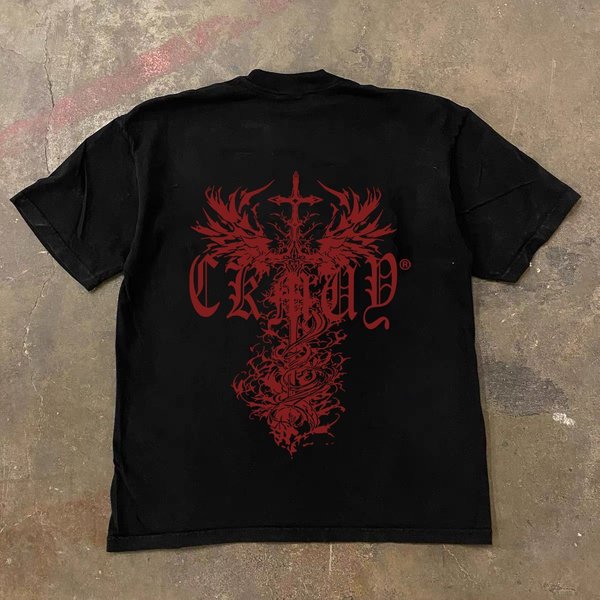 High Street Trendy Ins Design Printed Pure Cotton Short T-Shirt For Men's Summer American Unisex Style Half Sleeved Top-image