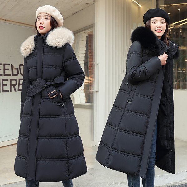 Women's Clothing length cotton coat with large fur collar and hood, slim fit, cold proof clothing, elegant large size knee length cotton coat