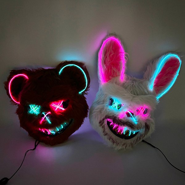 LED Bloody Rabbit Mask Glowing Killer Black Bear Mask Halloween Dance Party Cosplay Costume Props Assassinated Plush Rabbit Mask-image