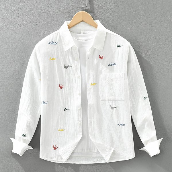 Fresh Embroidered Long Sleeved Shirt For Men, Fashionable And Versatile, Artistic And Casual Loose Top