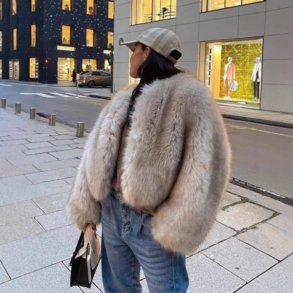 Women's Clothing Cropped Faux Fur Jacket – Vegan Fox Coat For Street Style (Beige/Grey/Brown, S/M/L)-image