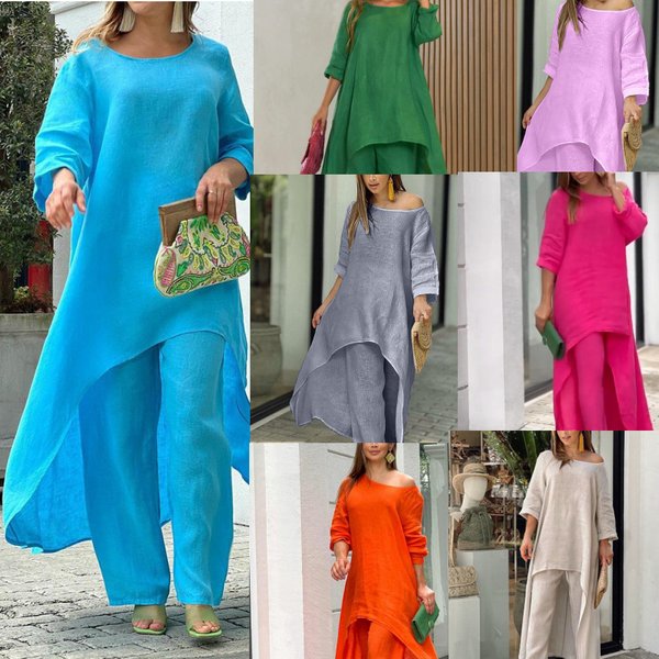 Women's Clothing Cotton And Linen Fashion Casual Large Size Irregular Long Sleeved Suit Wide Leg Pants Two Piece Suit-image