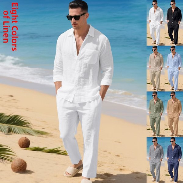 Men's Linen Shirt & Pants Set – Breathable Resort Wear With Lapel Collar & Long Sleeves