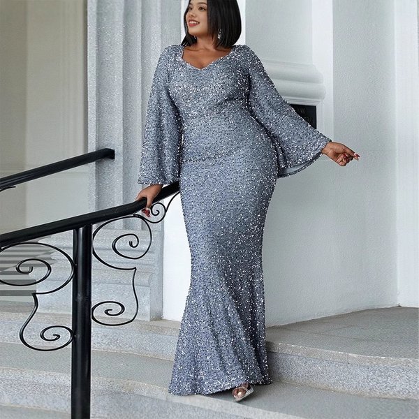 Women's Clothing New Fashion V neck Hip wrapped Sequined Dress Mid waist Trumpet Sleeve Long Evening Dress