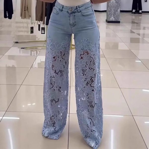 Women's Clothing New Women's Wide Leg Pants Trousers Lace Stitching Jeans Women-image