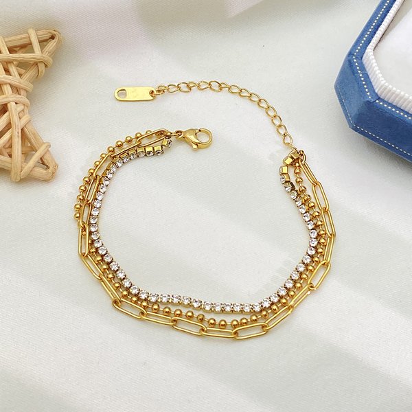 Fashion Trendy Design Stainless Steel Paperclip Chain Double Layer Mesh Crystal Bracelet Anklet Versatile Accessories-image