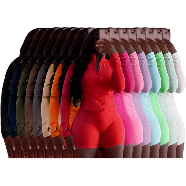Women's Clothing Spring Summer New Sexy Sports Leisure Two Piece Set Tight Long Sleeve Top With Shorts