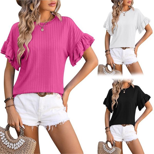 Women's Clothing 2025 Spring Summer New Solid Color Round Neck Ruffle Short Sleeve T-Shirt Top-image