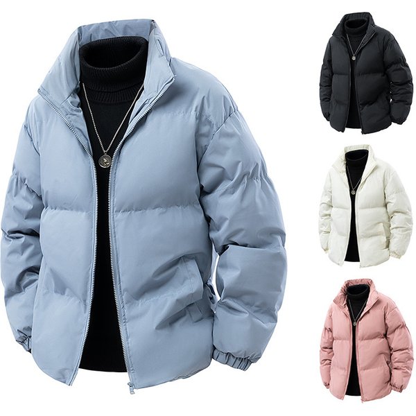 "Men's Oversized Cotton Jacket - Thick Stand Collar Winter Coat, Solid Color Casual Outerwear In Black, White & More"
