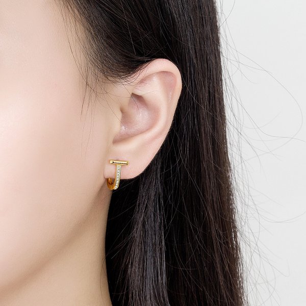 Temperament Earrings T Shaped Diamond Gold Earrings-image