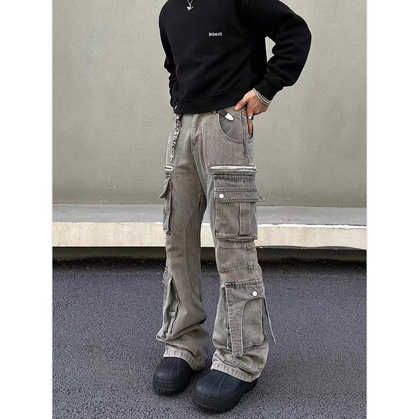 Vintage Washed Gray Cargo Pants – Relaxed Wide-Leg Fit, Multi-Pocket Utility Design, Streetwear Staple, Retro Denim Trousers For Men