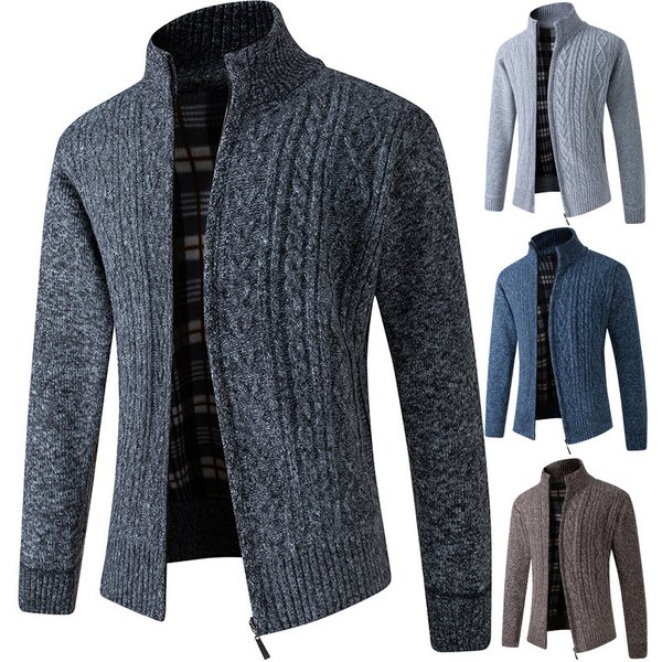 Men's Clothing men's jacket stand collar youth plus velvet thickened coat men's sweater casual twisted flower knitted cardigan top