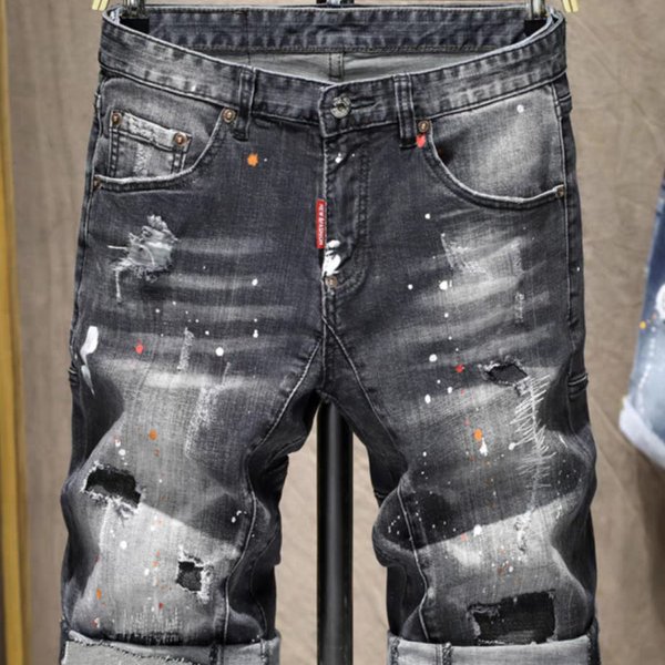 Men's High Street Trendy Men's Street Hip-Hop Style Slim Cut Hand-Painted Paint Dot Denim Shorts For Men-image